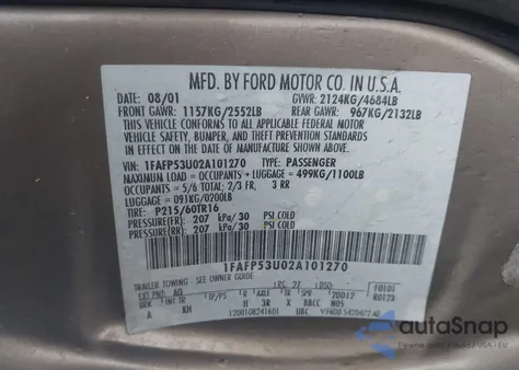 2002 Ford Taurus Se из США, поврежденный, VIN 1FAFP53U02A101270